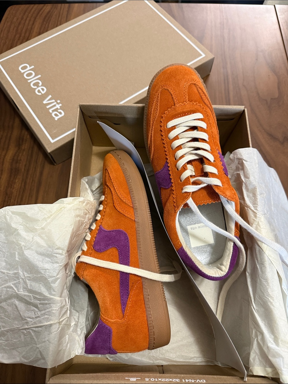 Dolce Vita Orange Suede Sneakers with Purple Accents